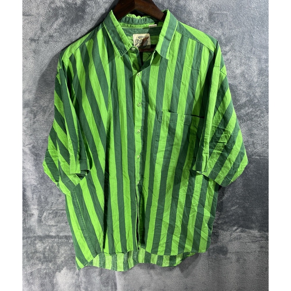 Mens XL Shirt Green Short Sleeve Striped Pickle Retro All Cotton Pocket Casual